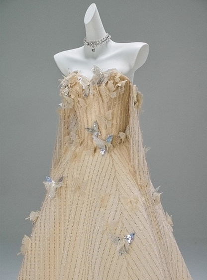 Casual A-Line Off-Shoulder Evening Gowns French-Inspired Sequins Beads Butterflies Long Sleeve Prom Dress AP3864