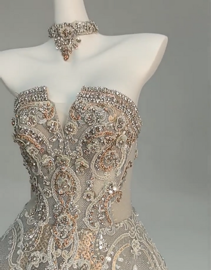 Fairy A-Line Strapless Sweet 16th Gowns Maximalism Sequins Beads Lace  Crystals Appliques Prom Dress AP3866