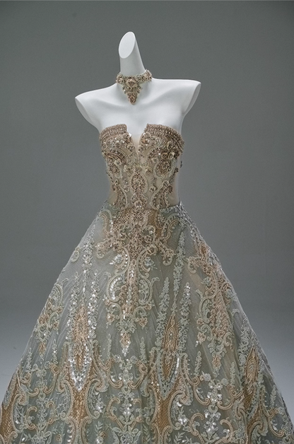 Fairy A-Line Strapless Sweet 16th Gowns Maximalism Sequins Beads Lace  Crystals Appliques Prom Dress AP3866