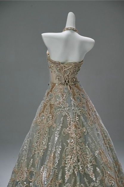 Fairy A-Line Strapless Sweet 16th Gowns Maximalism Sequins Beads Lace  Crystals Appliques Prom Dress AP3866