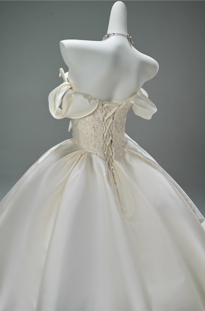 Lovely Off-Shoulder A-Line Bridal Gowns Artistic Beading Pearls Bow Satin Wedding Dress AP3869