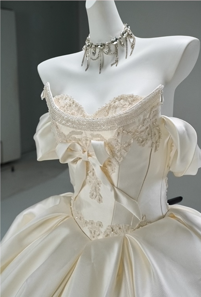 Lovely Off-Shoulder A-Line Bridal Gowns Artistic Beading Pearls Bow Satin Wedding Dress AP3869