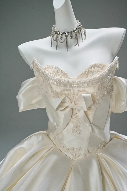 Lovely Off-Shoulder A-Line Bridal Gowns Artistic Beading Pearls Bow Satin Wedding Dress AP3869