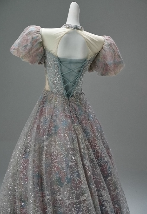 Wonderful A-Line Illusion Neck Sweet 16 Formal Dresses Bling Sequins Crystals Short Sleeve Prom Dress AP3873