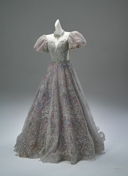 Wonderful A-Line Illusion Neck Sweet 16 Formal Dresses Bling Sequins Crystals Short Sleeve Prom Dress AP3873