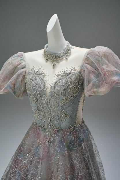 Wonderful A-Line Illusion Neck Sweet 16 Formal Dresses Bling Sequins Crystals Short Sleeve Prom Dress AP3873