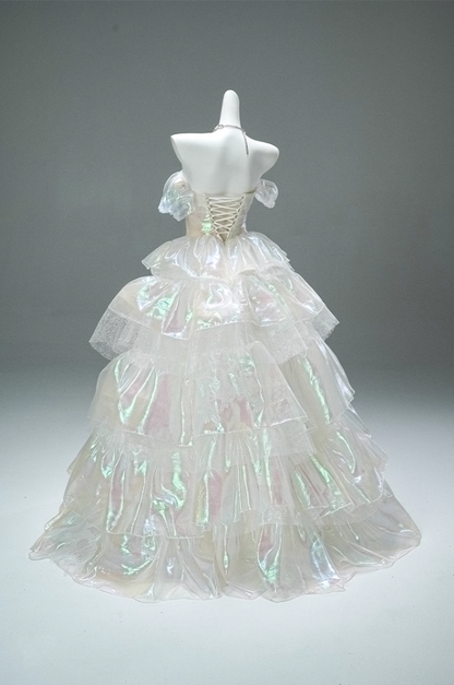 Appealing A-Line Off-Shoulder Tiered Evening Gowns Lustrous Appliques Prom Dress AP3875