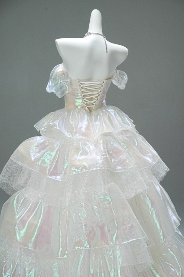 Appealing A-Line Off-Shoulder Tiered Evening Gowns Lustrous Appliques Prom Dress AP3875