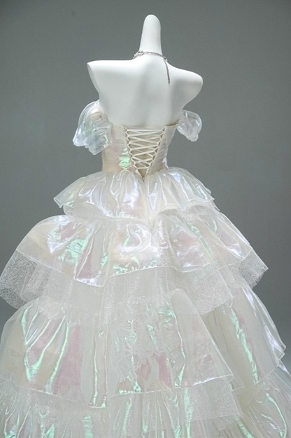 Appealing A-Line Off-Shoulder Tiered Evening Gowns Lustrous Appliques Prom Dress AP3875