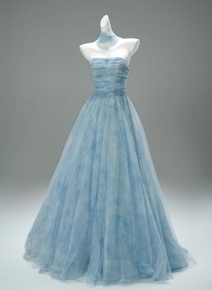 Fascinating A-Line Strapless Pleated Tulle Sweet 16th Gowns Simple Sequins Beads Prom Dress AP3876