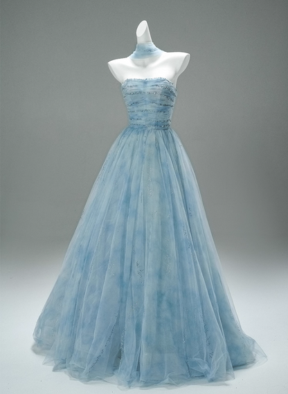 Fascinating A-Line Strapless Pleated Tulle Sweet 16th Gowns Simple Sequins Beads Prom Dress AP3876