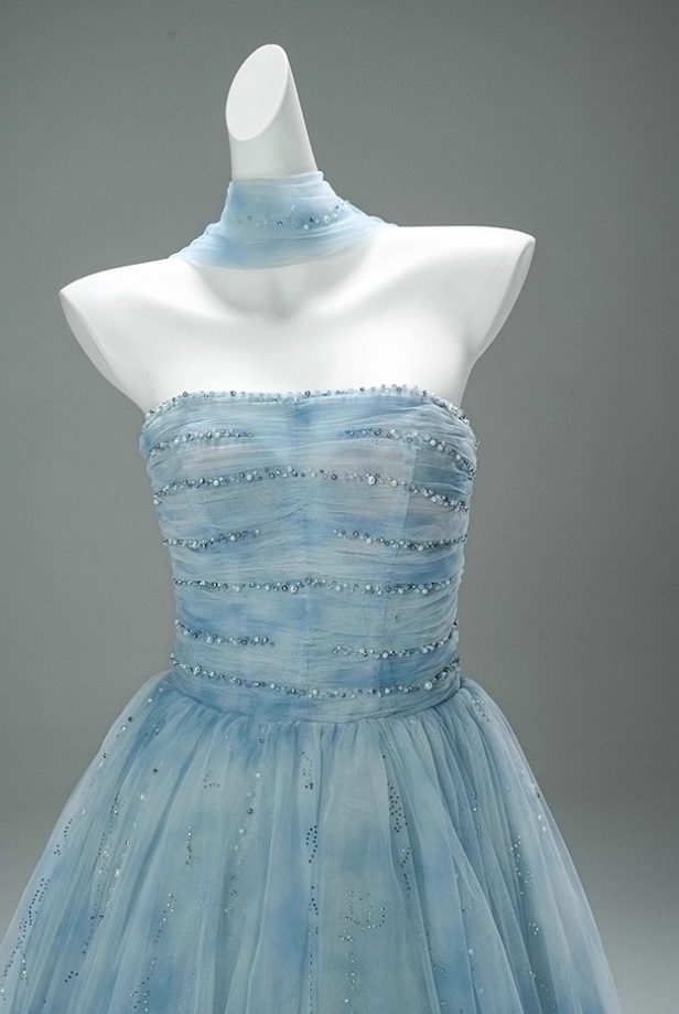 Fascinating A-Line Strapless Pleated Tulle Sweet 16th Gowns Simple Sequins Beads Prom Dress AP3876