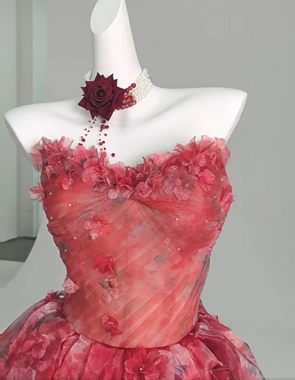 Splendid A-Line Strapless Pleated Sweet 16th Gowns Cute Appliques Beads Ruffles Tulle Floral Prom Dress AP3877