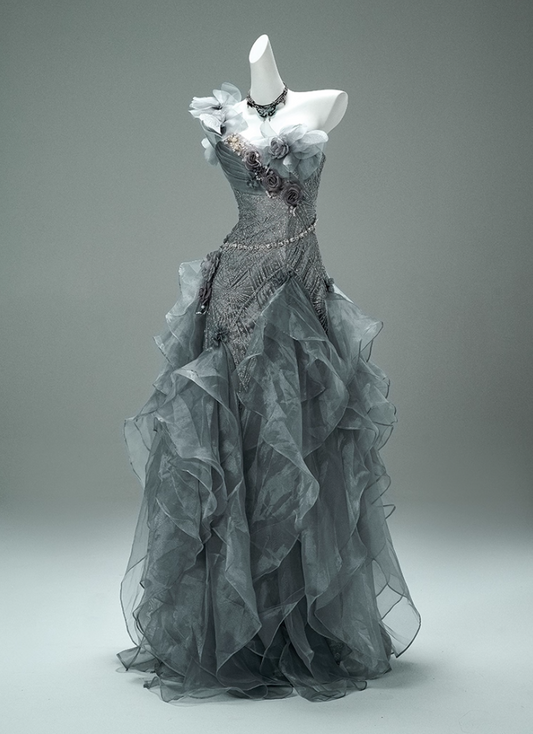 Enticing One-Shoulder A-Line Pleated Evening Gowns Vogue Beading Handmade Flowers Sequins Ruffles Prom Dress AP3878