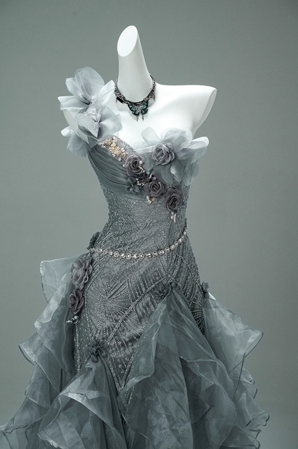 Enticing One-Shoulder A-Line Pleated Evening Gowns Vogue Beading Handmade Flowers Sequins Ruffles Prom Dress AP3878