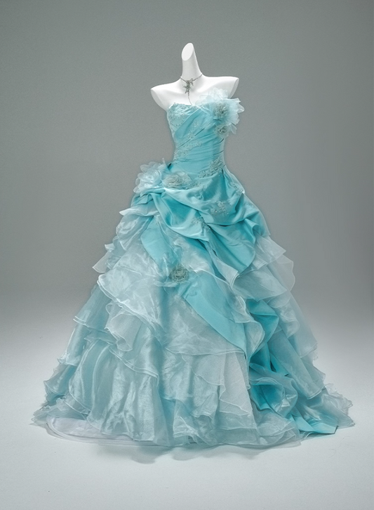 Romantic A-Line Strapless Sweet 16th Gowns Vibrant Handmade Flowers Appliques Beads Pleated Prom Dress AP3879