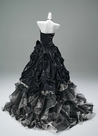 Ornate A-Line Strapless Ruffles Sweet 16th Gowns Bows Beads Tulle Tiered Prom Dress AP3880