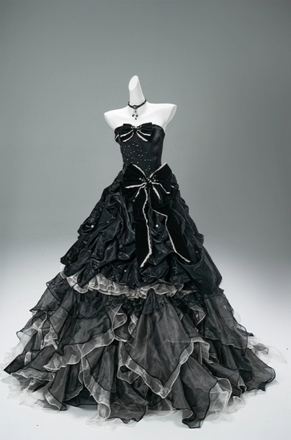 Ornate A-Line Strapless Ruffles Sweet 16th Gowns Bows Beads Tulle Tiered Prom Dress AP3880