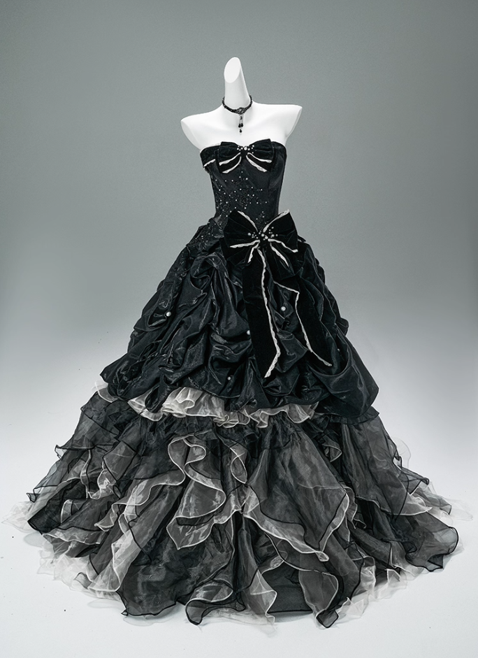 Ornate A-Line Strapless Ruffles Sweet 16th Gowns Bows Beads Tulle Tiered Prom Dress AP3880