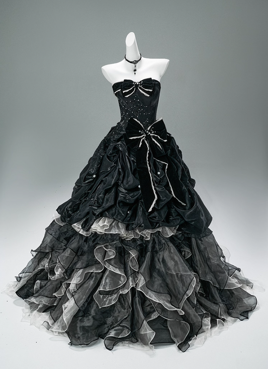 Ornate A-Line Strapless Ruffles Sweet 16th Gowns Bows Beads Tulle Tiered Prom Dress AP3880