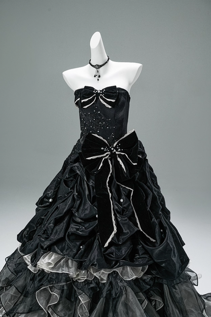 Ornate A-Line Strapless Ruffles Sweet 16th Gowns Bows Beads Tulle Tiered Prom Dress AP3880