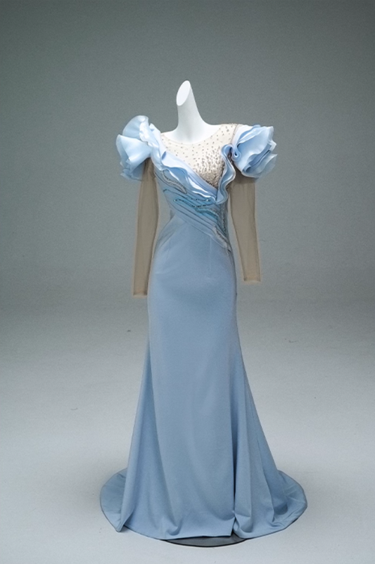 Fabulous Illusion Neck Sheath Pleated Evening Gowns Sweet Long Sleeve Sequins Crystals Ruffles Prom Dress AP3881