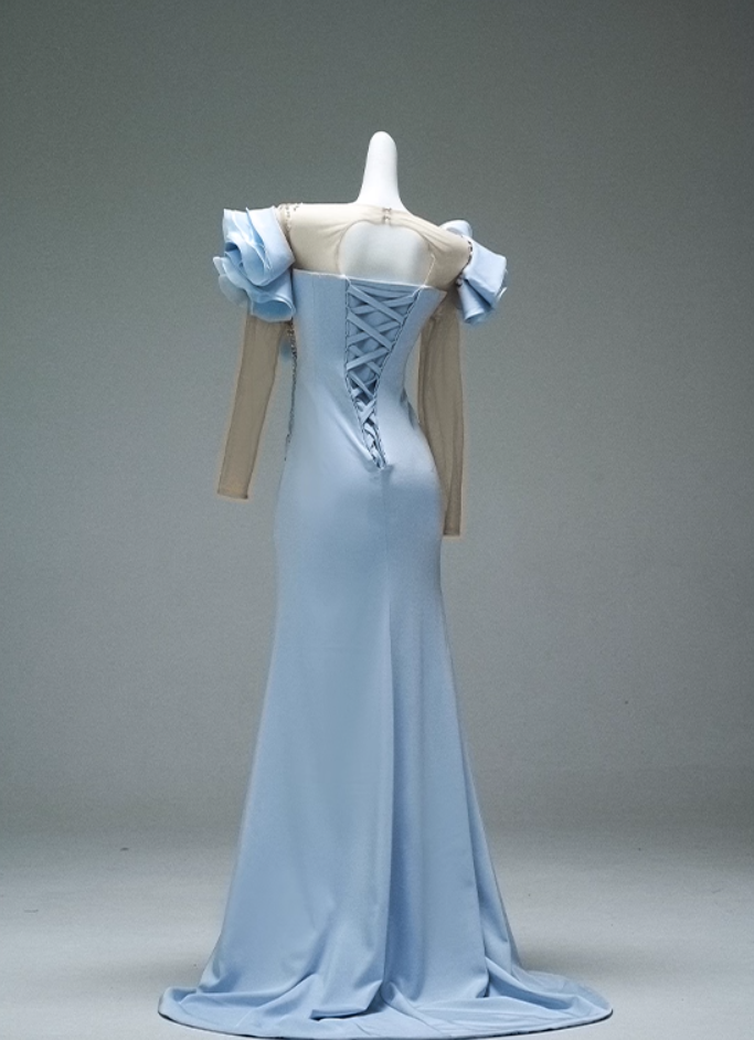 Fabulous Illusion Neck Sheath Pleated Evening Gowns Sweet Long Sleeve Sequins Crystals Ruffles Prom Dress AP3881