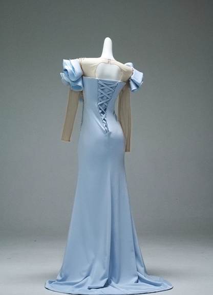 Fabulous Illusion Neck Sheath Pleated Evening Gowns Sweet Long Sleeve Sequins Crystals Ruffles Prom Dress AP3881