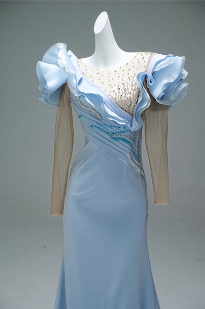 Fabulous Illusion Neck Sheath Pleated Evening Gowns Sweet Long Sleeve Sequins Crystals Ruffles Prom Dress AP3881