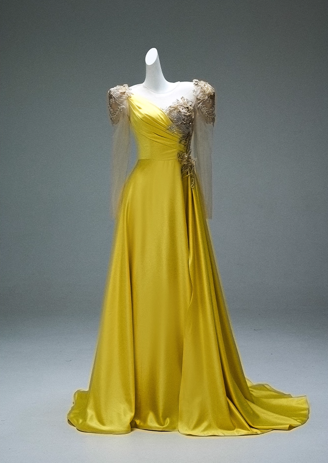 Chic Illusion Neck A-Line Long Sleeve Evening Gowns Vibrant Yellow Sequins Beading Prom Dress AP3882