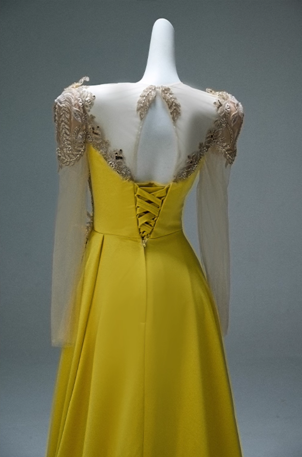 Chic Illusion Neck A-Line Long Sleeve Evening Gowns Vibrant Yellow Sequins Beading Prom Dress AP3882