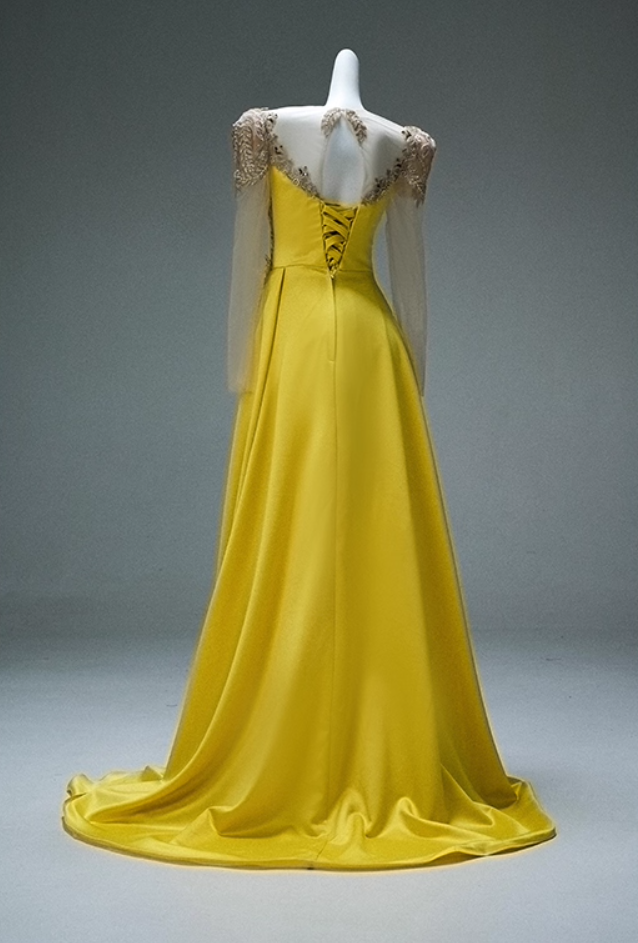 Chic Illusion Neck A-Line Long Sleeve Evening Gowns Vibrant Yellow Sequins Beading Prom Dress AP3882