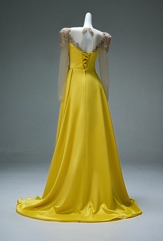 Chic Illusion Neck A-Line Long Sleeve Evening Gowns Vibrant Yellow Sequins Beading Prom Dress AP3882