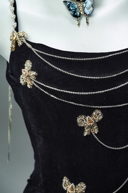 Graceful Sheath Spaghetti Strap Black Evening Dress Chic Velvet Beading Sequins Crystals Prom Dress AP3885