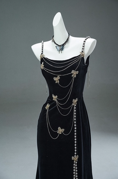 Graceful Sheath Spaghetti Strap Black Evening Dress Chic Velvet Beading Sequins Crystals Prom Dress AP3885