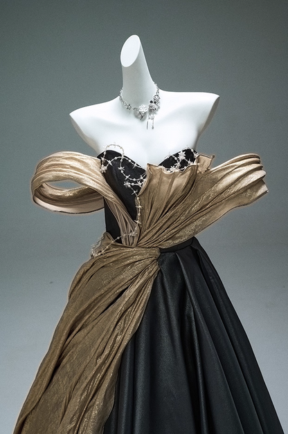 Elegant Off-Shoulder A-Line Evening Gowns Minimalism Beading Color-Block Prom Dress AP3886