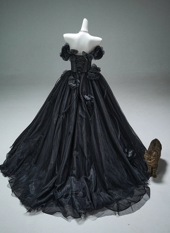 Gothic-Style Off-Shoulder A-Line Evening Gowns Fashion 3D Appliques Black Prom Dress AP3887