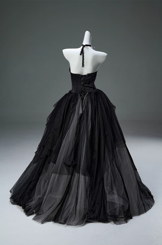 Classical A-Line Sweetheart Neck Black Sweet 16th Gowns Dreamy Handmade Flower Layered Tulle Prom Dress AP3888
