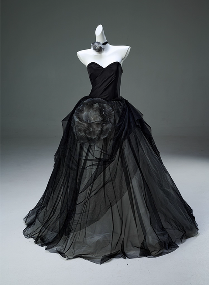 Classical A-Line Sweetheart Neck Black Sweet 16th Gowns Dreamy Handmade Flower Layered Tulle Prom Dress AP3888