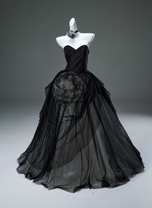 Classical A-Line Sweetheart Neck Black Sweet 16th Gowns Dreamy Handmade Flower Layered Tulle Prom Dress AP3888