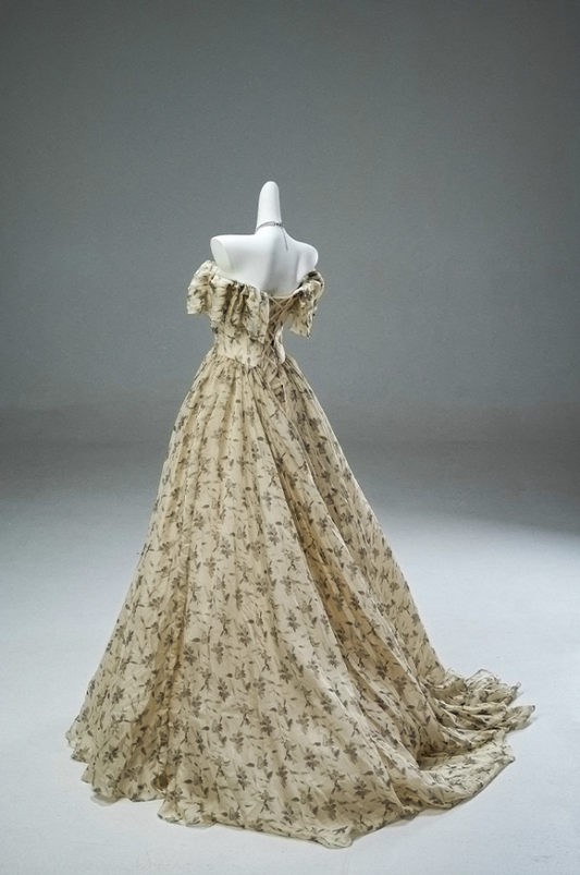 Fantastic Off-Shoulder A-Line Floral Print Evening Gowns Attractive Ruffles Beads Handmade Flowers Prom Dress AP3889