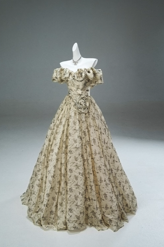 Fantastic Off-Shoulder A-Line Floral Print Evening Gowns Attractive Ruffles Beads Handmade Flowers Prom Dress AP3889