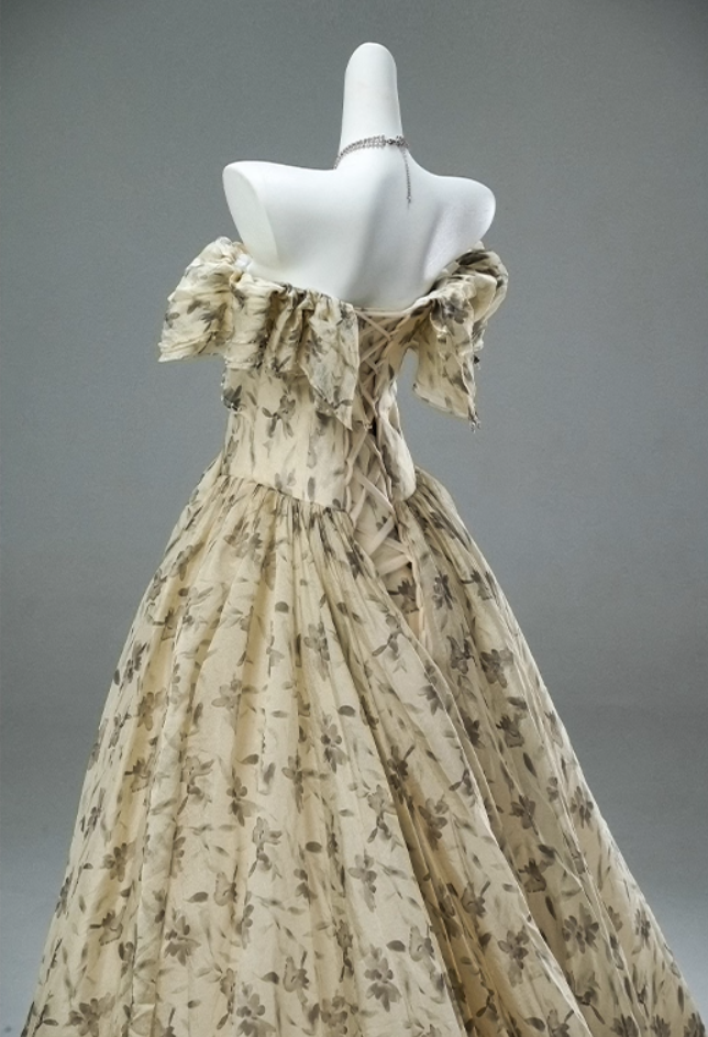 Fantastic Off-Shoulder A-Line Floral Print Evening Gowns Attractive Ruffles Beads Handmade Flowers Prom Dress AP3889