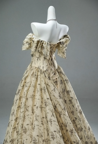 Fantastic Off-Shoulder A-Line Floral Print Evening Gowns Attractive Ruffles Beads Handmade Flowers Prom Dress AP3889