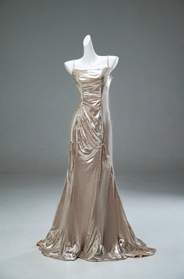 Sweet Sheath Spaghetti Strap Evening Dress Sheen Beading Bows Pleated Prom Dress AP3890