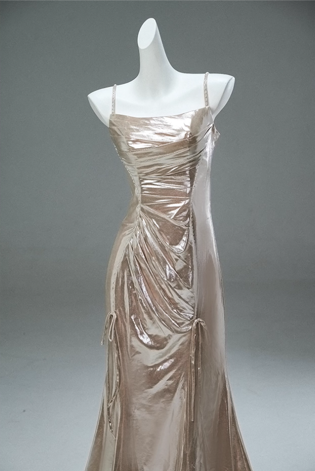 Sweet Sheath Spaghetti Strap Evening Dress Sheen Beading Bows Pleated Prom Dress AP3890