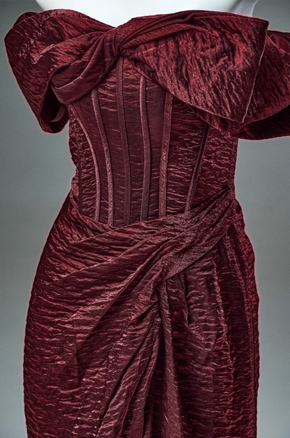 Dreamy Off-Shoulder Sheath Red Evening Gowns Alluring Gathered Slit Prom Dress AP3893