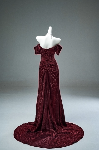 Dreamy Off-Shoulder Sheath Red Evening Gowns Alluring Gathered Slit Prom Dress AP3893