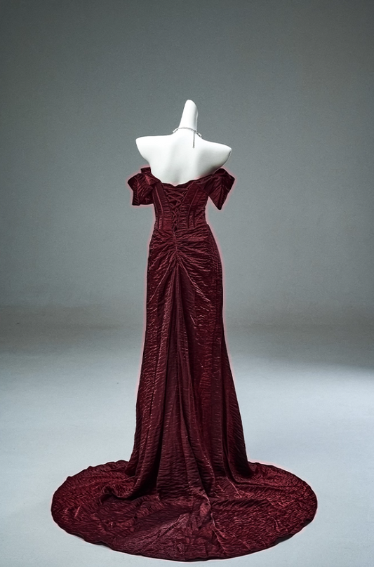 Dreamy Off-Shoulder Sheath Red Evening Gowns Alluring Gathered Slit Prom Dress AP3893