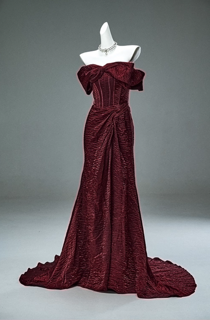 Dreamy Off-Shoulder Sheath Red Evening Gowns Alluring Gathered Slit Prom Dress AP3893